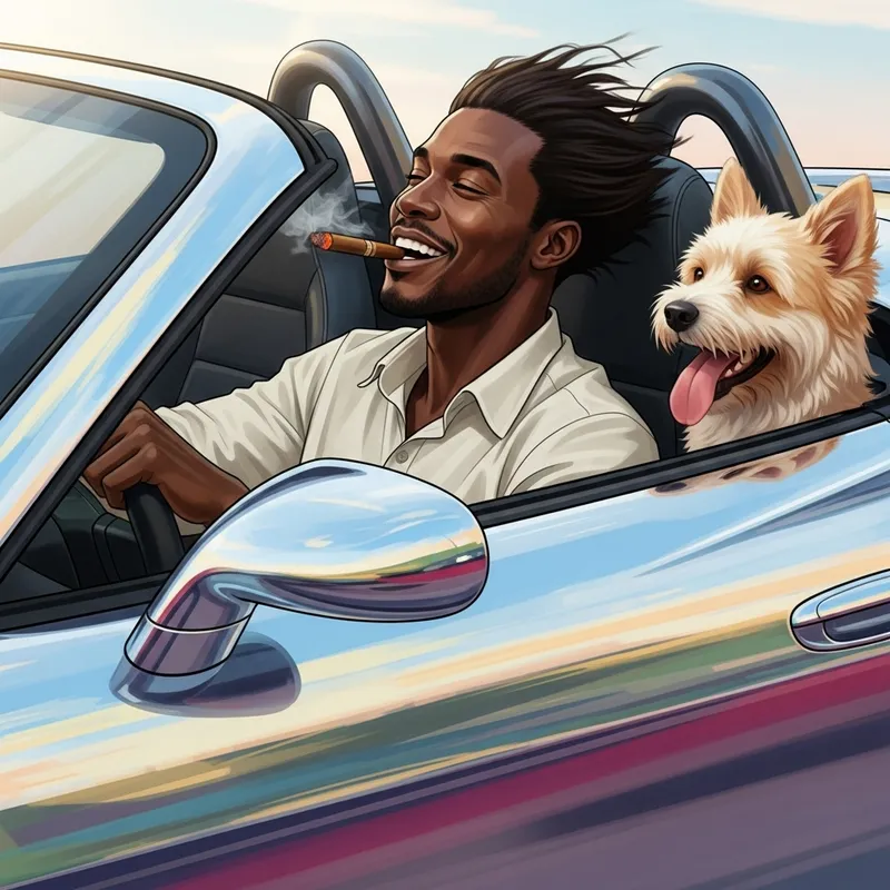 Black Man Driving Sports Car with Cigar & Dog
