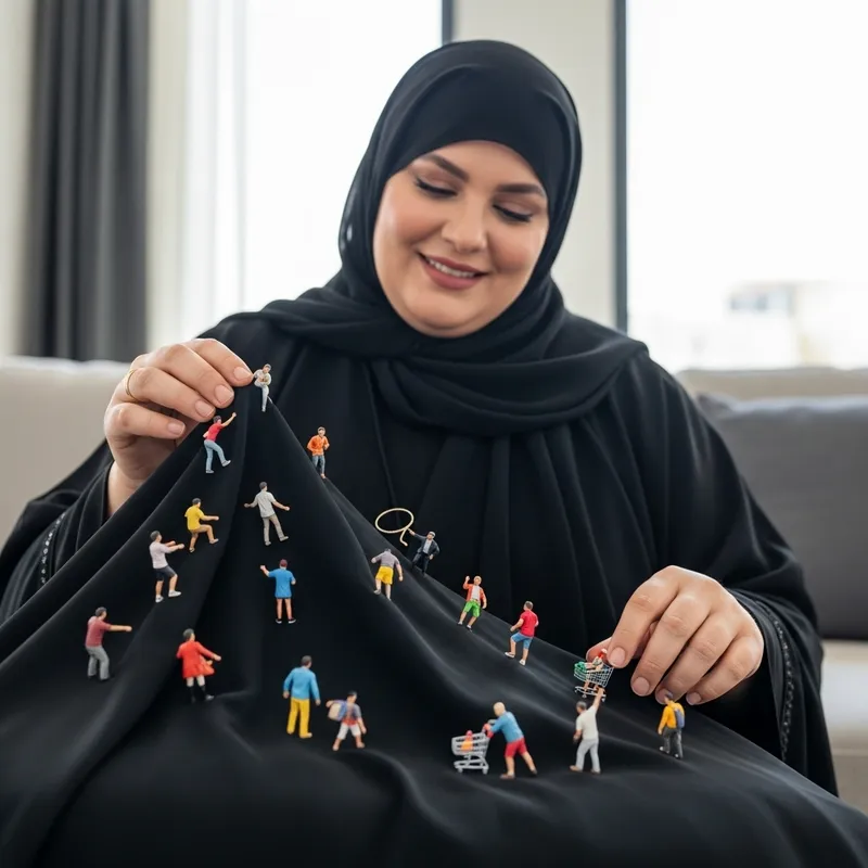 Arabic Plus-Sized Woman Playfully Caring for Tiny Men