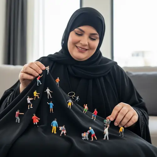 Arabic Woman in Black Abaya with Tiny Men - Playful Scene
