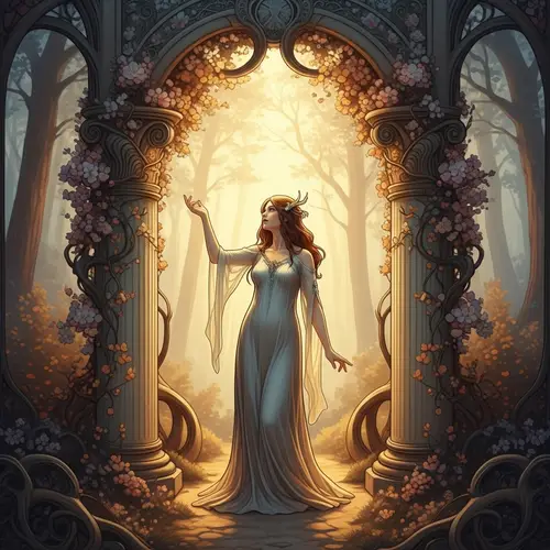 Enchanting Nordic Woman in Ethereal Forest | Art Nouveau Style