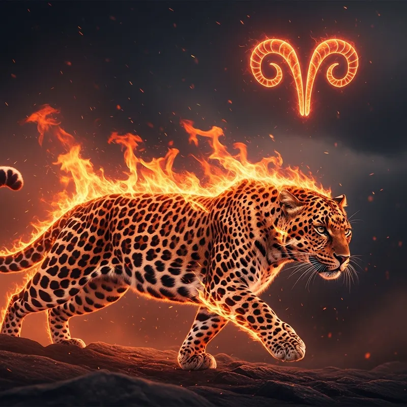 Leopard with Fire Element and Aries Symbol | Dynamic Energy and Strength Leopard with Fire Element and Aries Symbol | Dynamic Energy and Strength