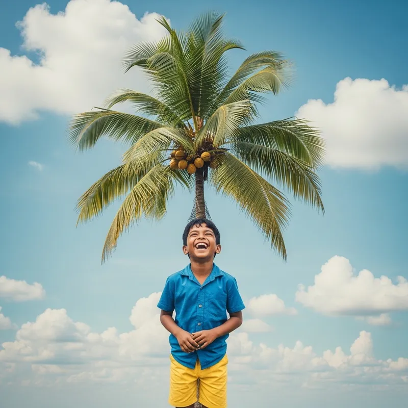 Playful Boy Under Palm Tree