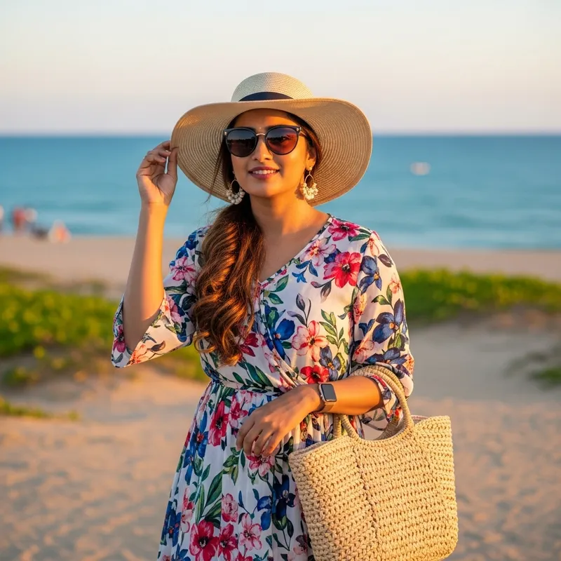 Stunning South Asian Woman in Floral Summer Outfit | Sun Hat & Sunglasses