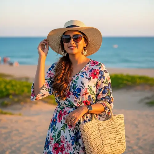 Stylish South Asian Woman Enjoying Sunny Seaside | Sun Hat & Floral Dress