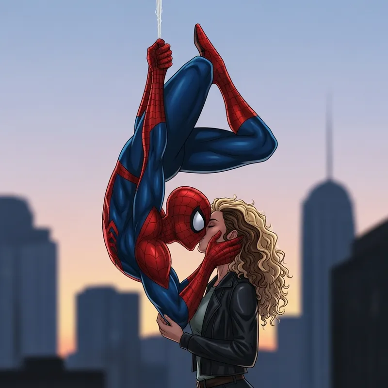 Spiderman Kissing Girl in Romantic City Scene