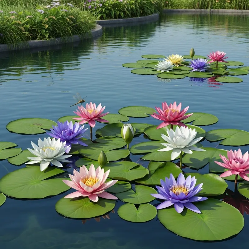 Water Lily And Dragonfly At Tranquil Pond
