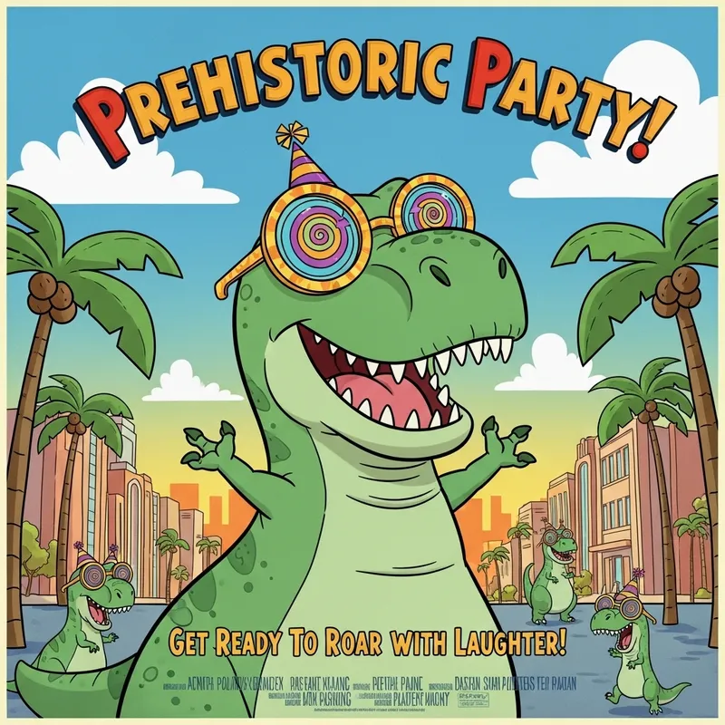 Joyful T-Rex in Sunglasses | Animated Movie Poster Joyful T-Rex in Sunglasses | Animated Movie Poster