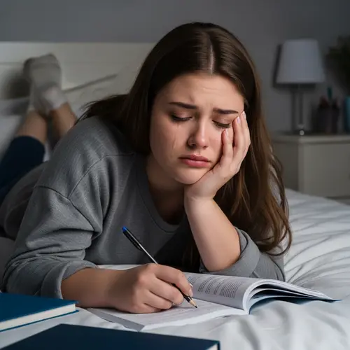 Coping with Academic Pressure: Depressed 18-Year-Old Girl Study Scene