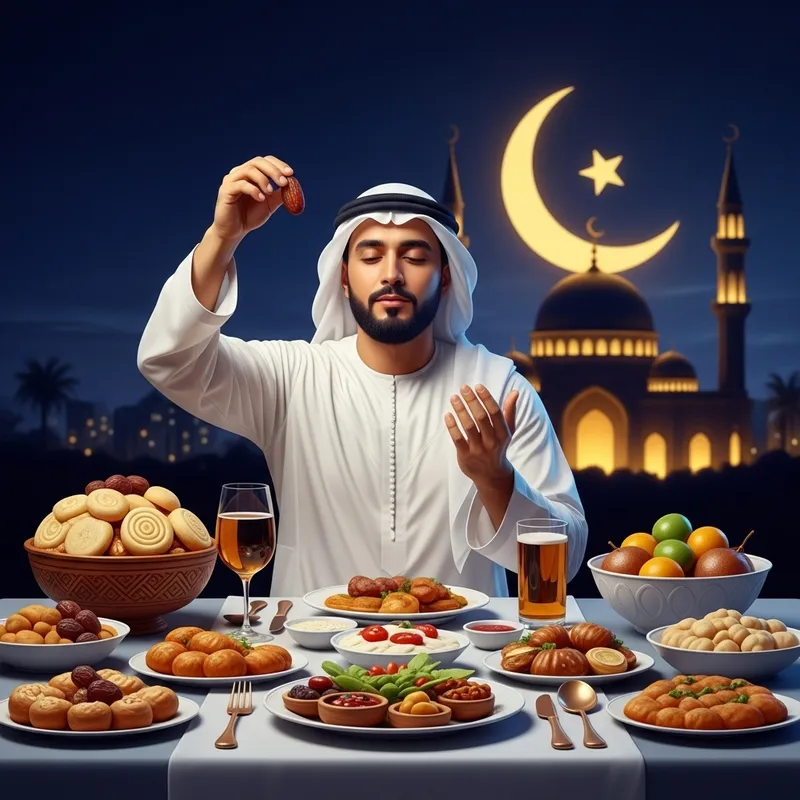 Muslim Man Celebrating Ramadan with Iftar Traditions Muslim Man Celebrating Ramadan with Iftar Traditions