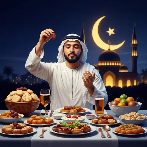 Muslim Man Celebrating Ramadan with Iftar Traditions