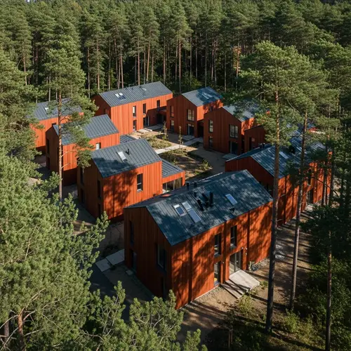 Modern Red Cedar Residential Hotel with Dual-Pitched Roofs