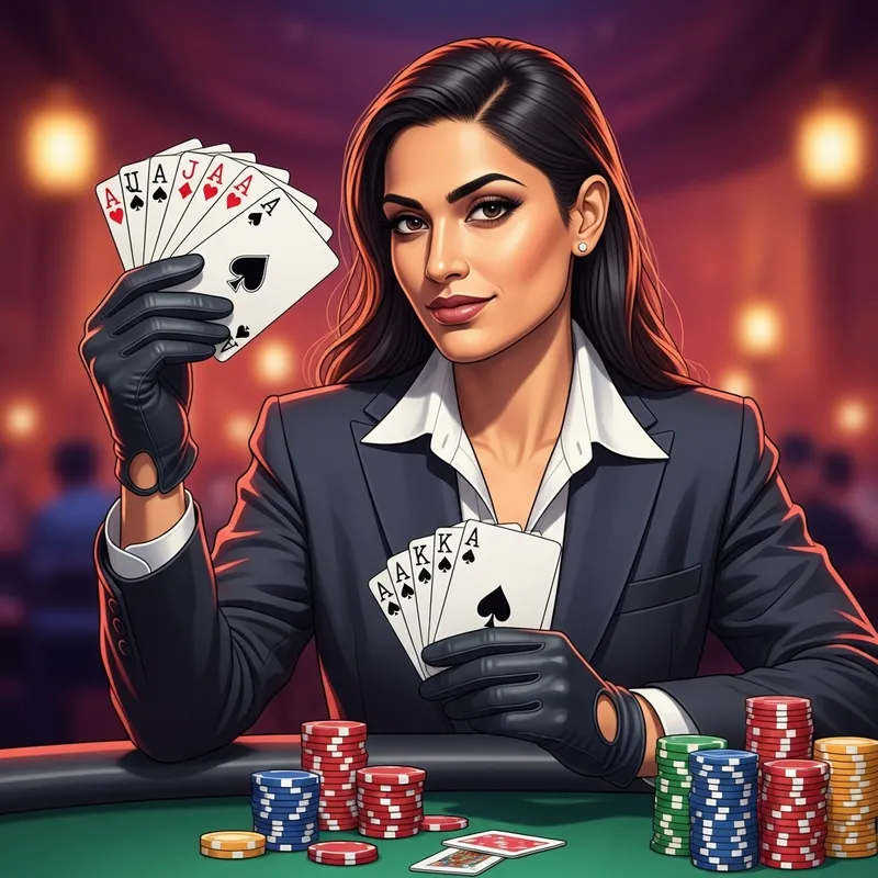 Stylish Woman with Gloves Holding Poker Cards in Casino