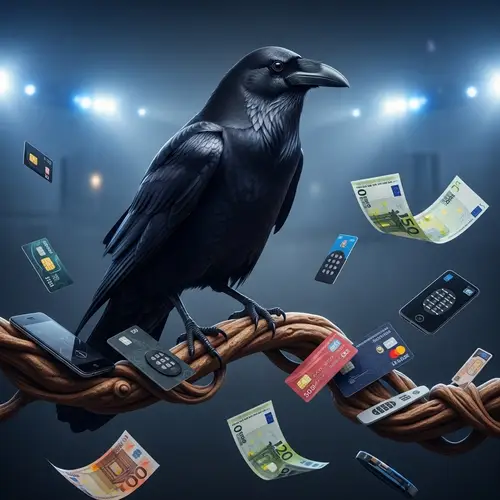 Majestic Raven Perched on Branch with Bank Cards and Euro Banknotes