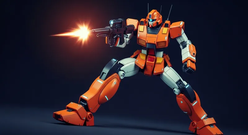 Orange and White Mech in Dynamic Pose: Vibrant Infographic Style