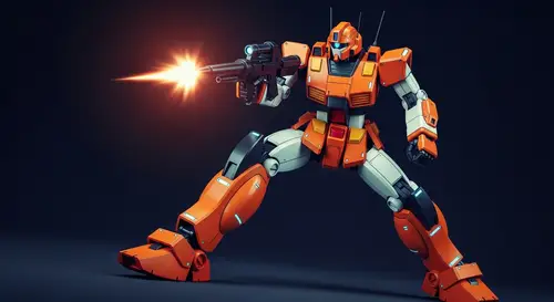 Orange and White Gundam in Dynamic Pose | Futuristic Infographic Style