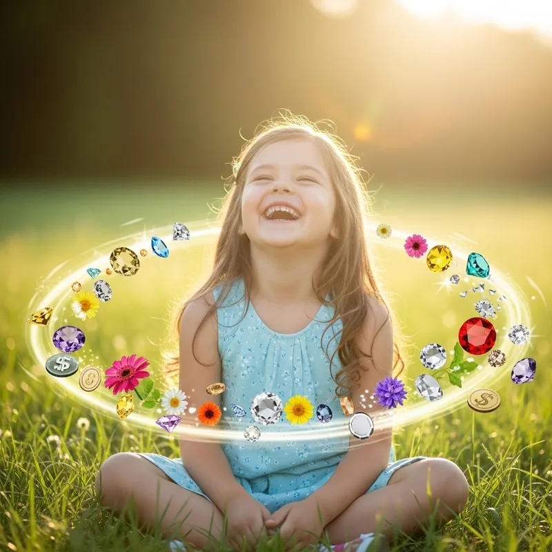 Enveloped in Prosperity: Child's Healing Laughter Amidst Glowing Meadow