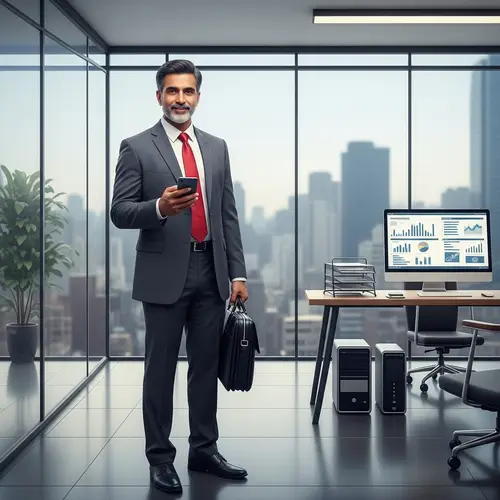 Successful South Asian Businessman in Charcoal Suit with Briefcase and Smartphone