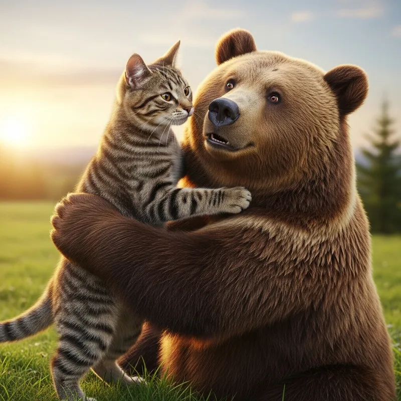 Cat and Bear Cuddle: Heartwarming Moment
