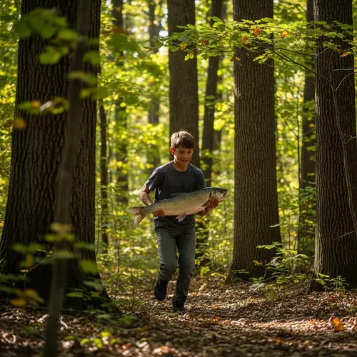 Energetic Boy Running in Forest with Shimmering Fish