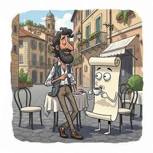 Italian Man and Certificate Enjoying Coffee in Humorous Cartoon