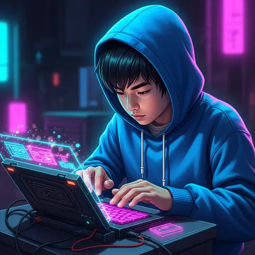 Futuristic Neon Concept Art: East Asian Boy Hacking in Blue Hoodie