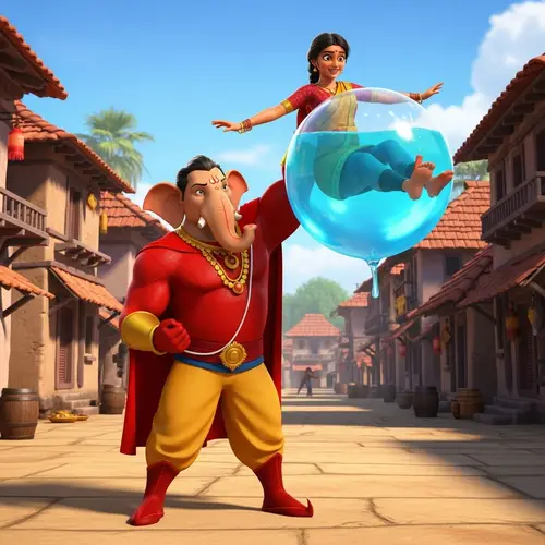 Superhero Ganesha Saves Woman in Inflated Attire | Animated Scene
