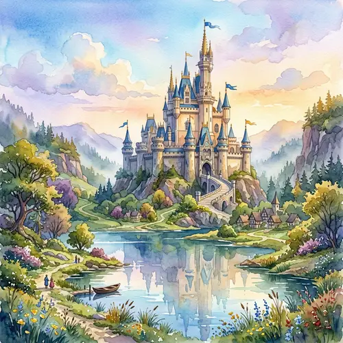 Fantasy Castle in Surreal Landscape - Majestic Watercolor Art
