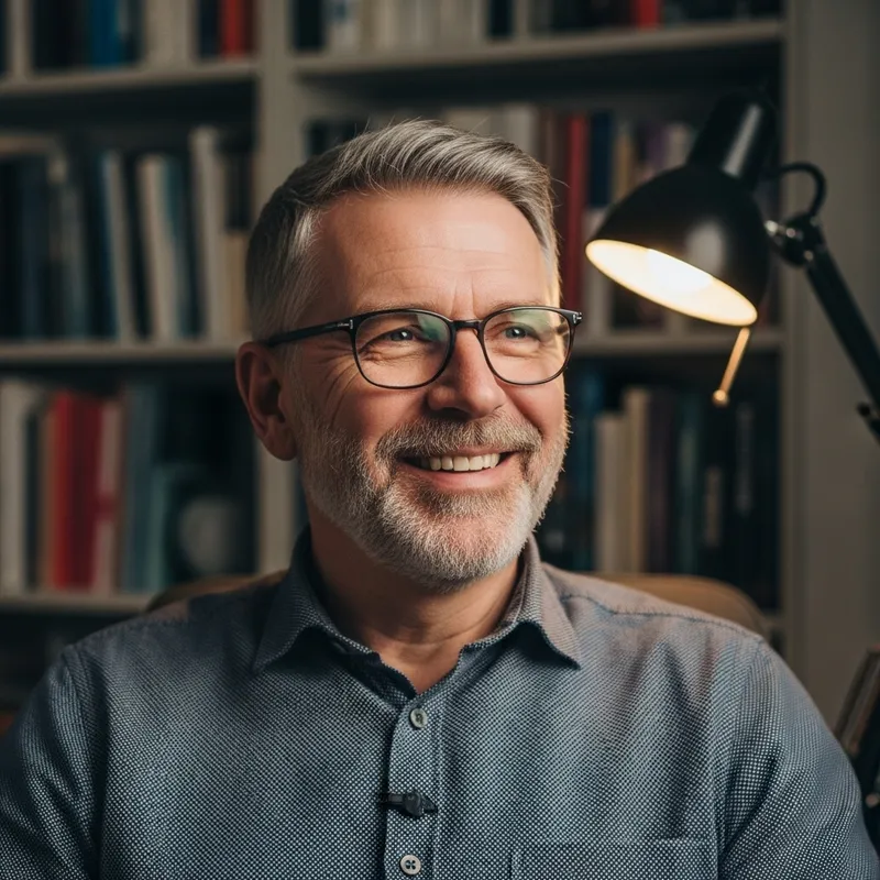 Middle-Aged Man in Reading Glasses with Engaging Smile