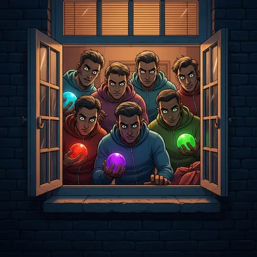 Sinister-Looking Gay Men Peering into Cozy Room | Colorful Orbs