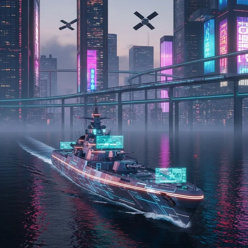 Cyberpunk Warship in Neon Cityscape