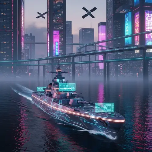 Cyberpunk Warship amidst Neon Cityscape