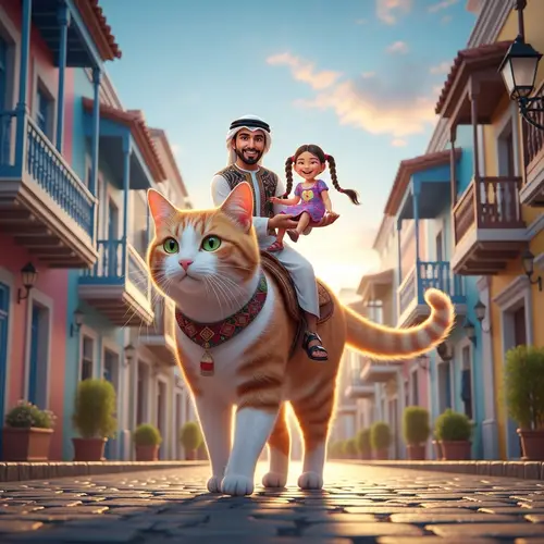 Surreal Middle-Eastern Man Holding Hispanic Girl Riding Cat