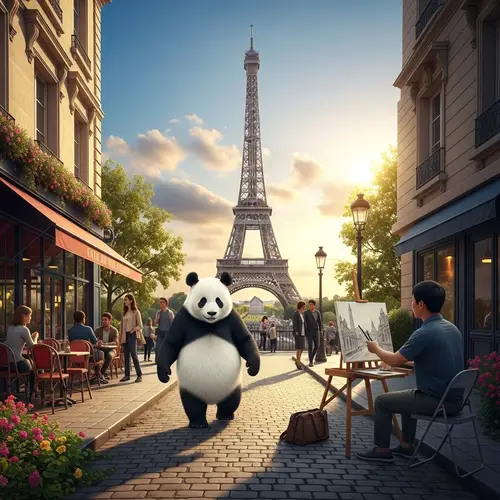 Panda Bear Strolling in Paris with Eiffel Tower View