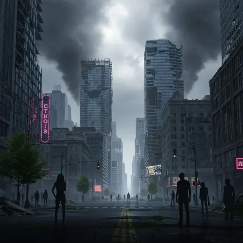 Dystopian Cityscape: Decaying High-Rises & Shadowy Figures