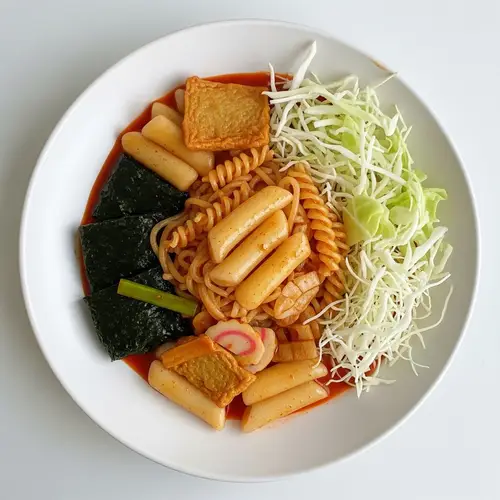 Realistic Dduk Bok Ki with Rice Cake, Fish Cake, Noodle Pasta | Top View