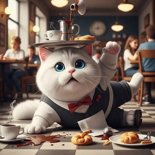 Chunky Cartoon Cat Waiter's Clumsy Cafe Mishap