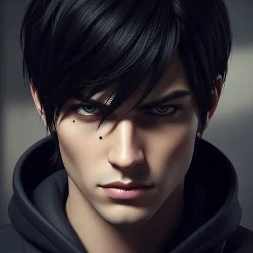 22-Year-Old Man with Distinctive Black Hair and Grey Eyes