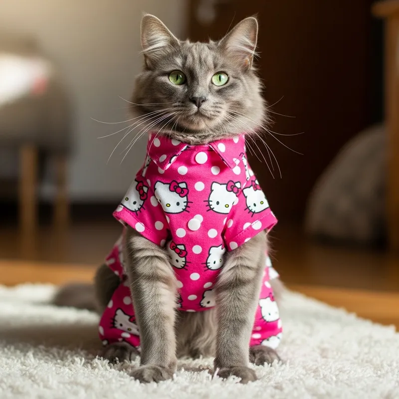Gray Nebelung Cat in Cute Hello Kitty Pajamas