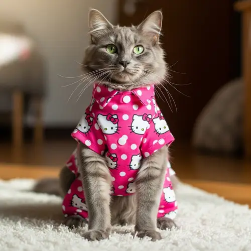 Gray Nebelung Cat in Hello Kitty Pajama
