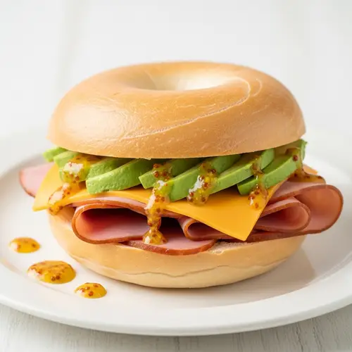Savory Bagel Sandwich with Ham, Cheddar, and Avocado