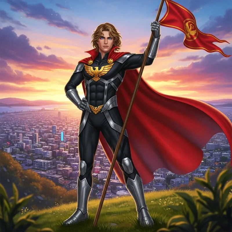 Stunning Golden-Haired Hero in Sunset Cityscape