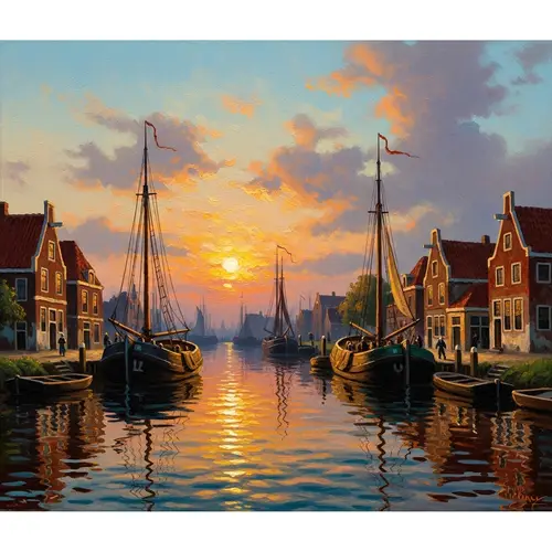 Serene Dutch Harbor Oil Painting | Baroque-inspired Scene
