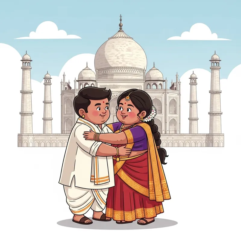 Chubby Indian Kids in Traditional Dress Hugging at Taj Mahal Chubby Indian Kids in Traditional Dress Hugging at Taj Mahal
