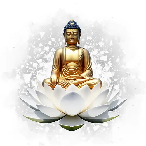 Serene Buddha Statue on White Lotus | Tranquil Watercolor Art