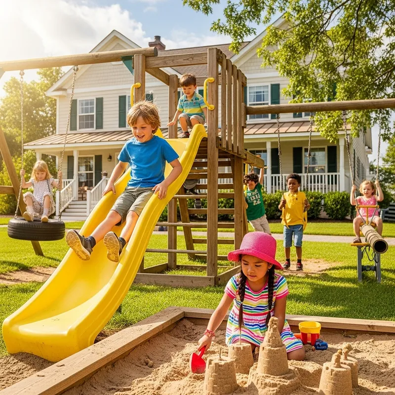 Beautiful Children Playing on Wooden Playground - Fun Playtime Scenes
