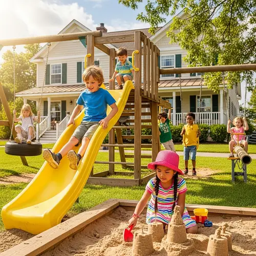 Beautiful Children Playing on Wooden Playground