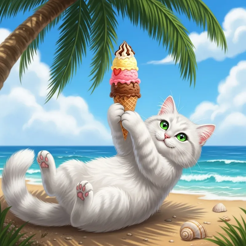 Adorable Cat Eating Ice Cream on Beach | Website Name