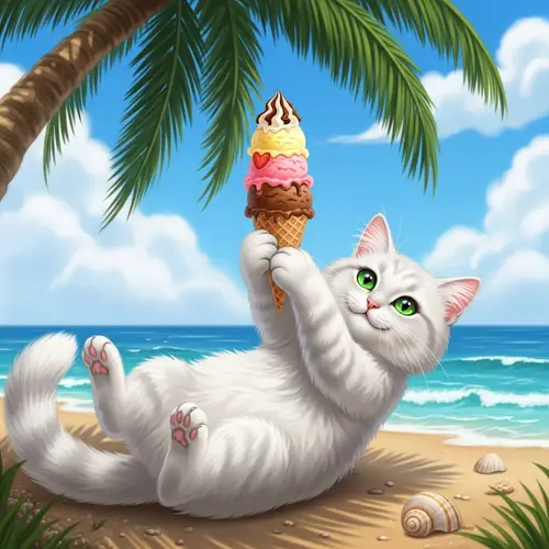 Cute Cat Enjoying Ice Cream on Sunny Beach | Website Name