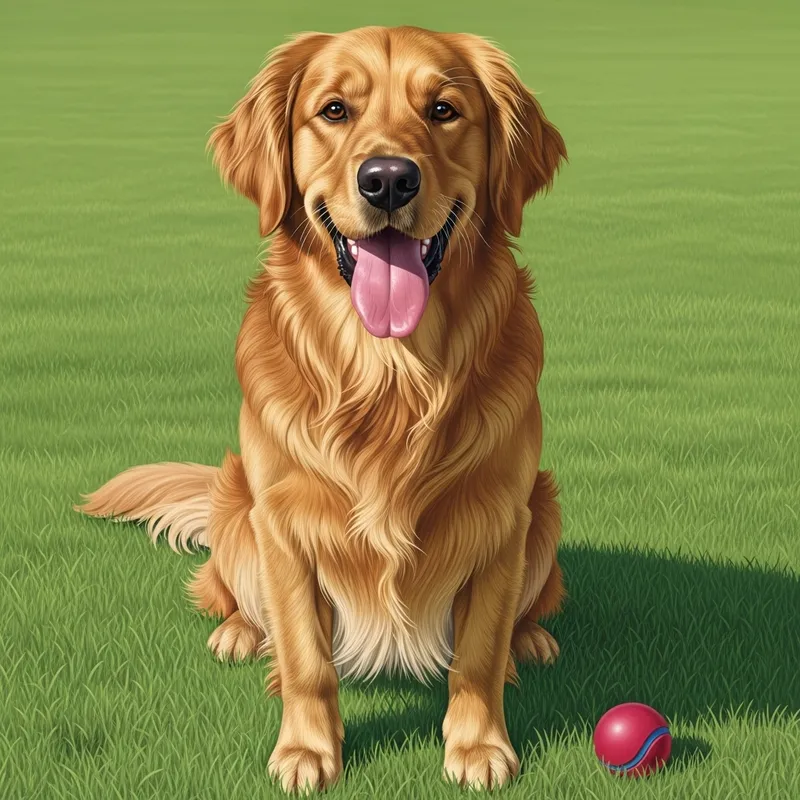 Detailed Illustration of Happy Golden Retriever Sitting on Grass
