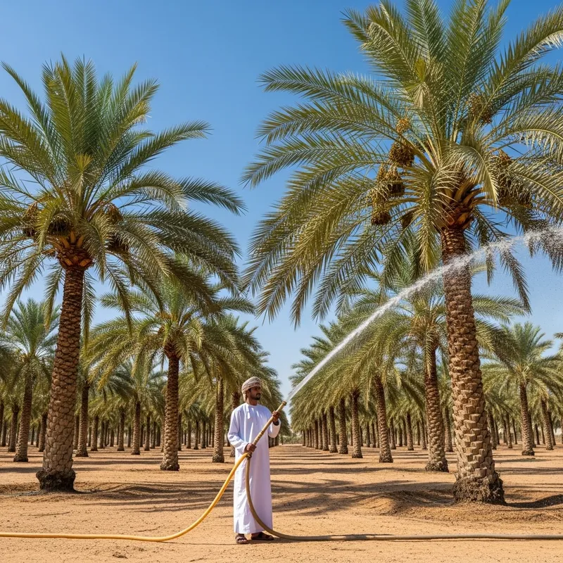 An Omani Man Watering Tall Palm Trees with Determination